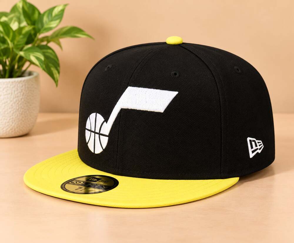 NWT New Era Utah Jazz 2-Tone 59FIFTY Fitted Hat Black/Yellow Men's 7 3/8